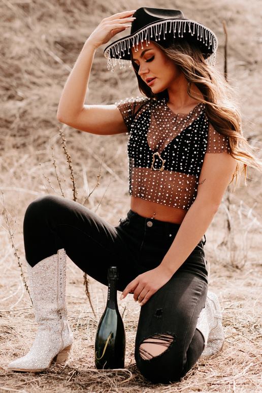 zwart geen remmingen parel strass mesh crop top NanaMacs HPTT129