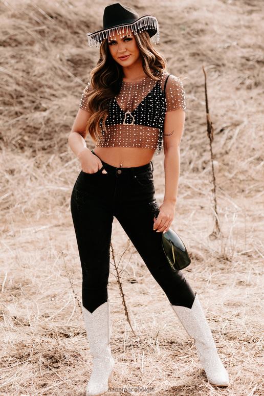 zwart geen remmingen parel strass mesh crop top NanaMacs HPTT129