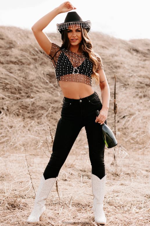 zwart geen remmingen parel strass mesh crop top NanaMacs HPTT129