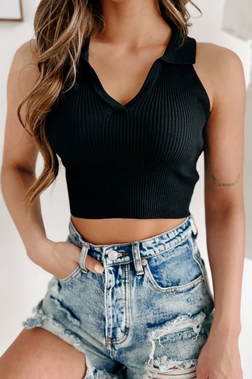 zwart kleine afgeleide geribbelde crop top met kraag NanaMacs HPTT828