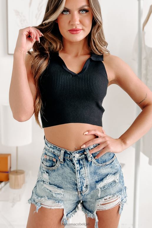 zwart kleine afgeleide geribbelde crop top met kraag NanaMacs HPTT828