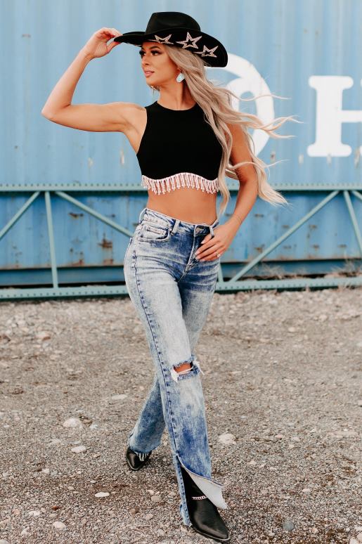 zwart opvallende crop-top met strass-afwerking NanaMacs HPTT1175