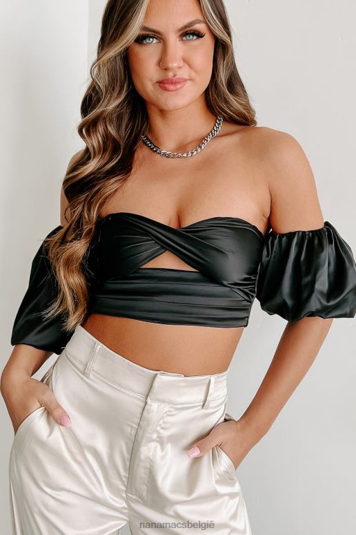 zwart provocerende looks off-shoulder satijnen crop top NanaMacs HPTT83