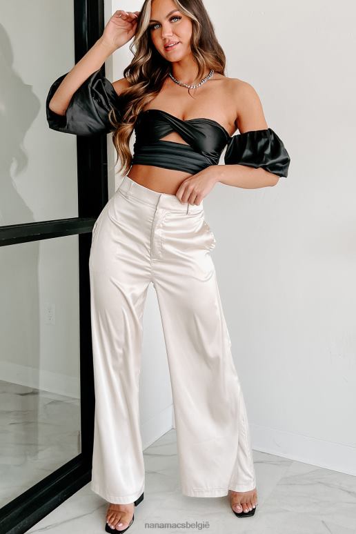 zwart provocerende looks off-shoulder satijnen crop top NanaMacs HPTT83