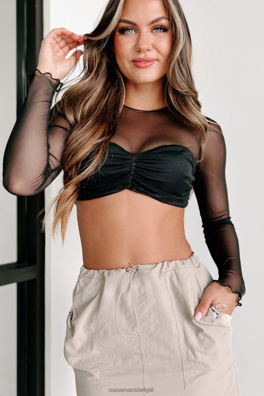 zwart sluwe ontwerpen mesh crop top met lange mouwen NanaMacs HPTT53