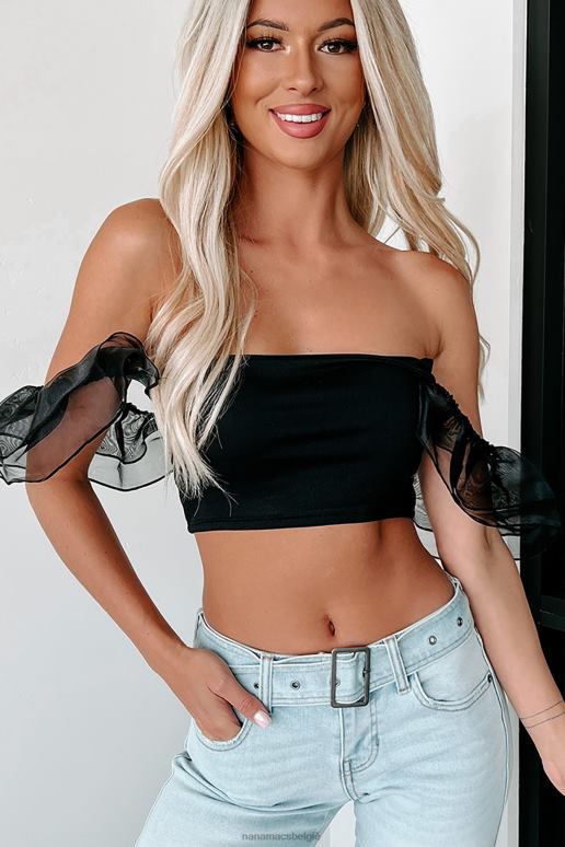zwart speelfavorieten crop top met ruches aan de mouwen NanaMacs HPTT23
