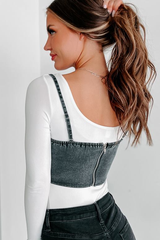 zwarte denim laat me praten gewatteerde bustier crop top NanaMacs HPTT1229