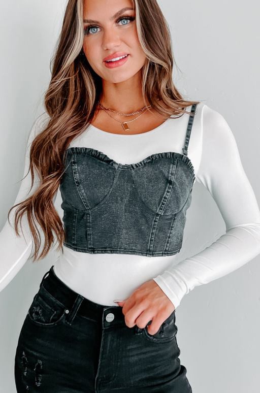 zwarte denim laat me praten gewatteerde bustier crop top NanaMacs HPTT1229