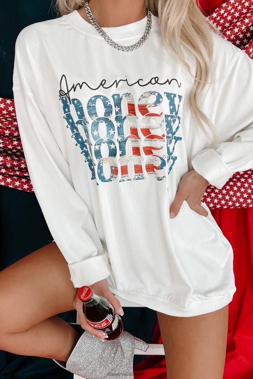 ivoor zoete Amerikaanse honingkleurige grafische crewneck met koord NanaMacs HPTT807