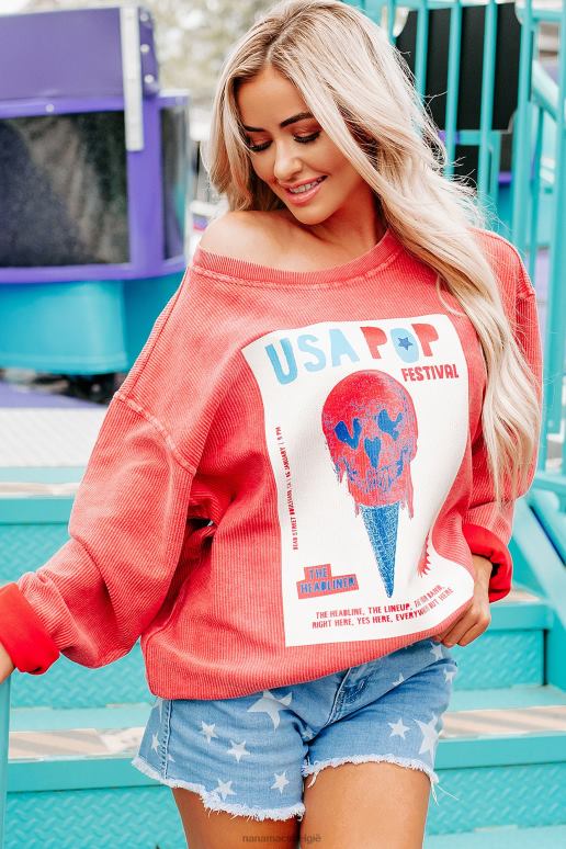 rood usa popfestival geribde grafische ronde hals NanaMacs HPTT1013