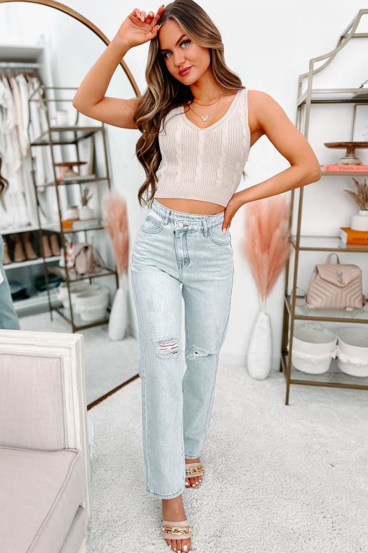 khaki poëtische cropped kabelgebreide tanktop NanaMacs HPTT1408